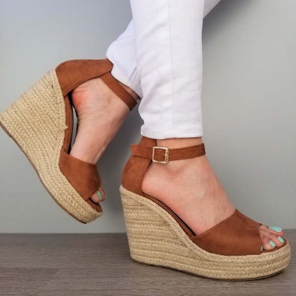 Shoes - Tan Suede Espadrille Wedge Heel Sandals